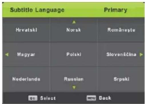 Subtitle Language Primary Hrvatski Norsk Românešte Magyar Polski Slovenščina Nederlands Russian Srpski OK Select MENU Back