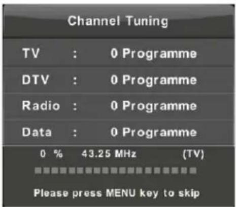 Channel Tuning TV : 0 Programme DTV : 0 Programme Radio : 0 Programme Data : 0 Programme 0 % 43.25 MHz (TV) Please press MENU key to skip