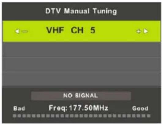 DTV Manual Tuning VHF CH 5 NO SIGNAL Bad Freq: 177.50MHz Good