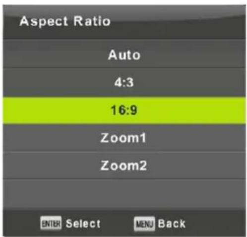 Aspect Ratio Auto 4:3 16:9 Zoom1 Zoom2 ENTER Select MENU Back