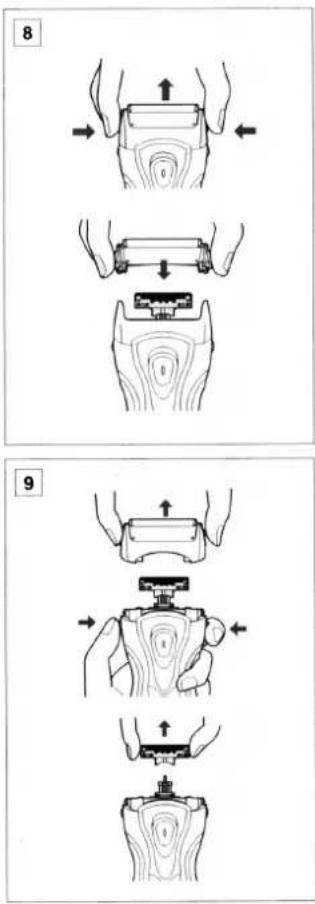 Diagram illustrating two-step mechanical or electrical process steps with hand gestures and labeled parts 8 and 9.