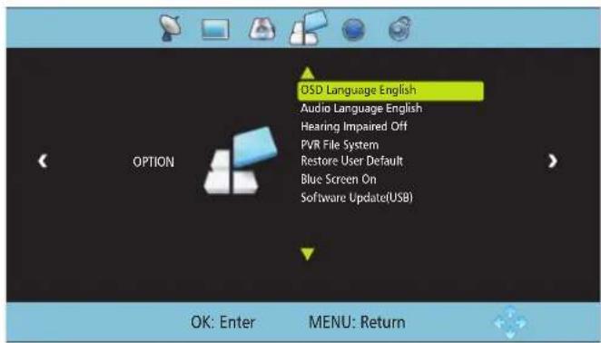 OSD Language English Audio Language English Hearing Impaired Off PVR File System Restore User Default Blue Screen On Software Update(USB) OK: Enter MENU: Return