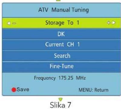 ATV Manual Tuning Storage To 1 DK Current CH 1 Search Fine-Tune Frequency 175.25 MHz Save MENU: Return Slika 7
