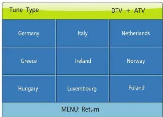 Tune Type DTV + ATV Germany Italy Netherlands Greece Ireland Norway Hungary Luxembourg Poland MENU: Return