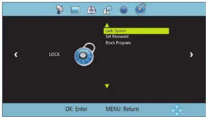 Lock System Set Password Block Program LOCK OK: Enter MENU: Return