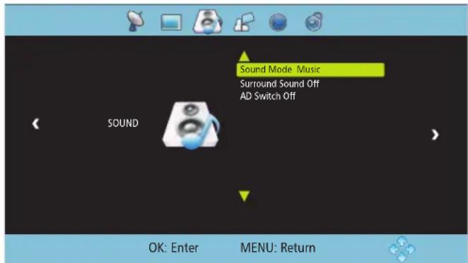 Sound Mode Music Surround Sound Off AD Switch Off SOUND OK: Enter MENU: Return