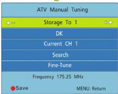 ATV Manual Tuning Storage To 1 DK Current CH 1 Search Fine-Tune Frequency 175.25 MHz Save MENU: Return