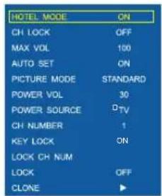HOTEL MODE ON CH LOCK OFF MAX VOL 100 AUTO SET ON PICTURE MODE STANDARD POWER VOL 30 POWER SOURCE PTV CH NUMBER 1 KEY LOCK ON LOCK CH NUM LOCK OFF CLONE ▶