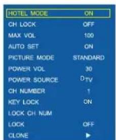 HOTEL MODE ON CH LOCK OFF MAX VOL 100 AUTO SET ON PICTURE MODE STANDARD POWER VOL 30 POWER SOURCE DTV CH NUMBER 1 KEY LOCK ON LOCK CH NUM LOCK OFF CLOSE ▶