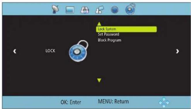 Lock System Set Password Block Program LOCK OK: Enter MENU: Return