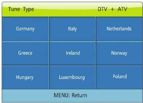 Tune Type DTV + ATV Germany Italy Netherlands Greece Ireland Norway Hungary Luxembourg Poland MENU: Return
