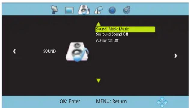 Sound Sound Mode Music Surround Sound Off AD Switch Off SOUND OK: Enter MENU: Return