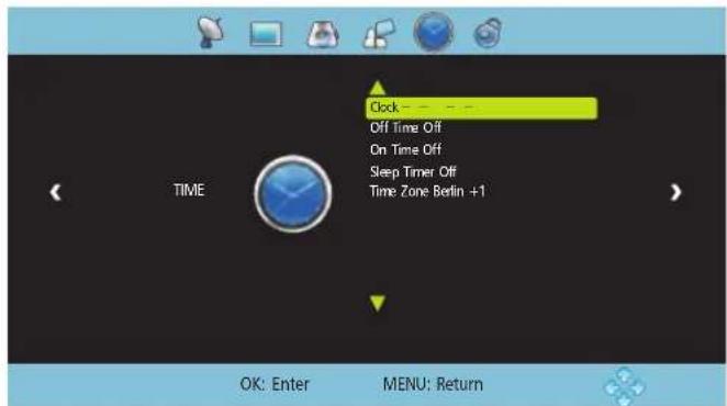 Clock Off Time Off On Time Off Sleep Timer Off Time Zone Berlin +1 TIME OK: Enter MENU: Return