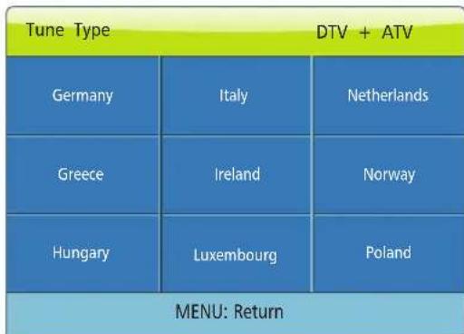 Tune Type DTV + ATV Germany Italy Netherlands Greece Ireland Norway Hungary Luxembourg Poland MENU: Return