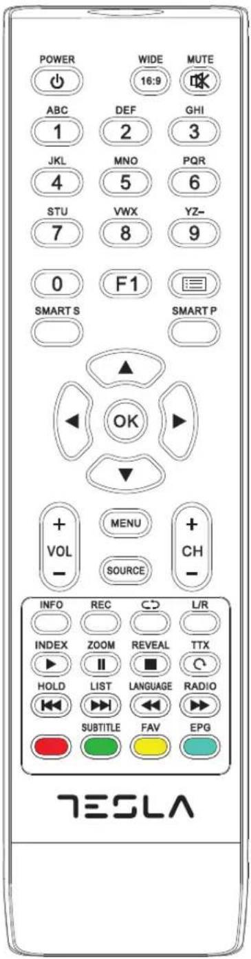 POWER WIDE MUTE 16:9 ABC DEF GHI 1 2 3 JKL MNO PQR 4 5 6 STU VWX YZ- 7 8 9 0 F1 SMART S SMART P OK VOL MENU + SOURCE CH- INFO REC CD L/R INDEX ZOOM REVEAL TTX HOLD LIST LANGUAGE RADIO SUBTITLE FAV EPG TESLA