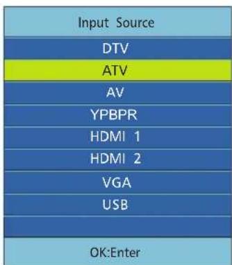 Input Source DTV ATV AV YPBPR HDMI 1 HDMI 2 VGA USB OK:Enter