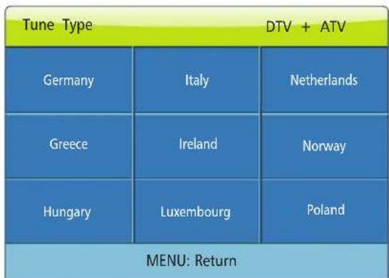 Tune Type DTV + ATV Germany Italy Netherlands Greece Ireland Norway Hungary Luxembourg Poland MENU: Return