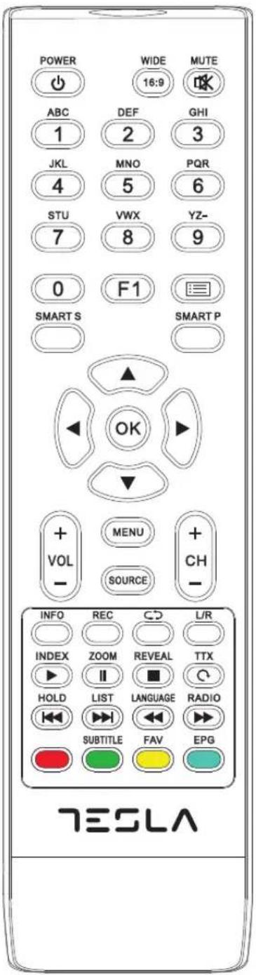 POWER WIDE MUTE 16:9 ABC DEF GHI 1 2 3 JKL MNO PQR 4 5 6 STU VWX YZ- 7 8 9 0 F1 SMART S SMART P OK VOL MENU + SOURCE CH- INFO REC CD L/R INDEX ZOOM REVEAL TTX HOLD LIST LANGUAGE RADIO SUBTITLE FAV EPG TESLA