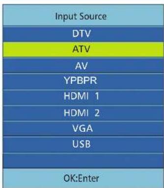 Input Source DTV ATV AV YPBPR HDMI 1 HDMI 2 VGA USB OK:Enter