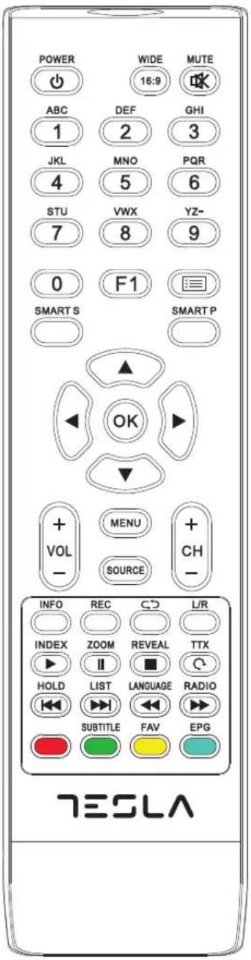 POWER WIDE MUTE 16:9 ABC DEF GHI 1 2 3 JKL MNO PQR 4 5 6 STU VWX YZ- 7 8 9 0 F1 SMART S SMART P OK VOL MENU + SOURCE CH- INFO REC C L/R INDEX ZOOM REVEAL TTX HOLD LIST LANGUAGE RADIO SUBTITLE FAV EPG TESLA