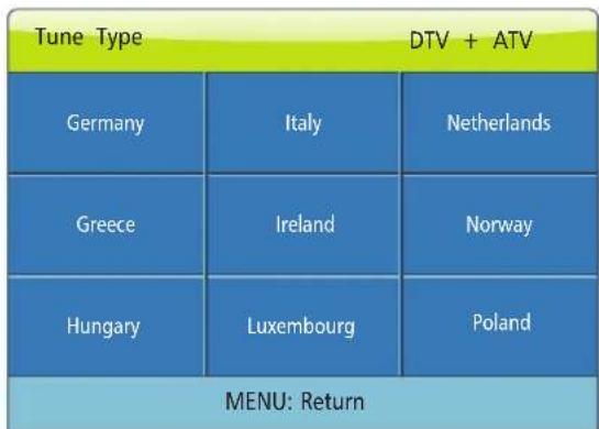 Tune Type DTV + ATV Germany Italy Netherlands Greece Ireland Norway Hungary Luxembourg Poland MENU: Return