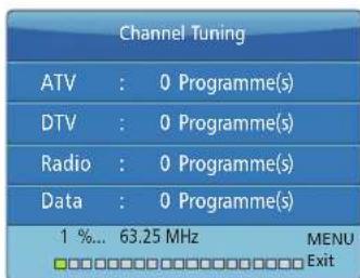 Channel Tuning ATV : 0 Programme(s) DTV : 0 Programme(s) Radio : 0 Programme(s) Data : 0 Programme(s) 1 %... 63.25 MHz MENU □□□□□□□□□□□□□□□□□□□□ □□□□□□□□□□□□□□□□□ Exit