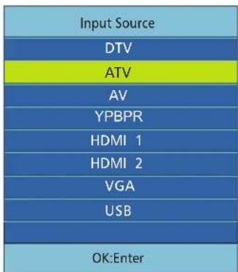 Input Source DTV ATV AV YPBPR HDMI 1 HDMI 2 VGA USB OK:Enter