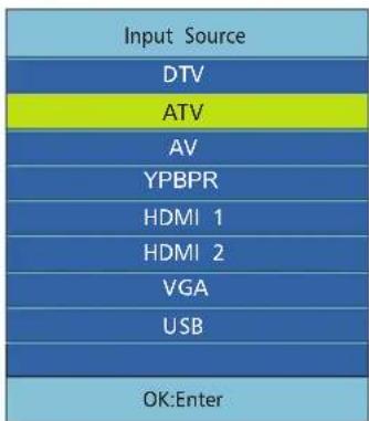 Input Source DTV ATV AV YPBPR HDMI 1 HDMI 2 VGA USB OK:Enter