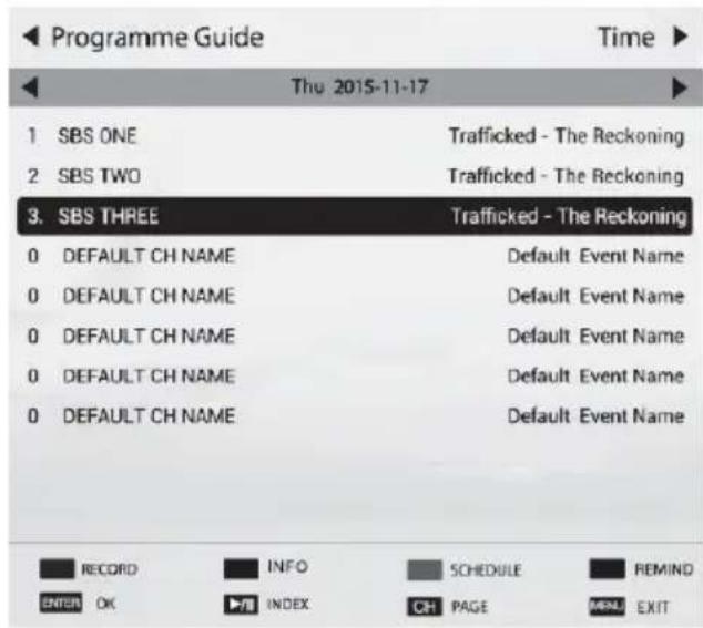 Programme Guide Thu 2015-11-17 1 SBS ONE 2 SBS TWO 3. SBS THREE 0 DEFAULT CH NAME 0 DEFAULT CH NAME 0 DEFAULT CH NAME 0 DEFAULT CH NAME 0 DEFAULT CH NAME Trafficked - The Reckoning Trafficked - The Reckoning Trafficked - The Reckoning Default Event Name Default Event Name Default Event Name Default Event Name Default Event Name RECORD INFO SCHEDULE REMIND ENTER OK INDEX CH PAGE MENU EXIT