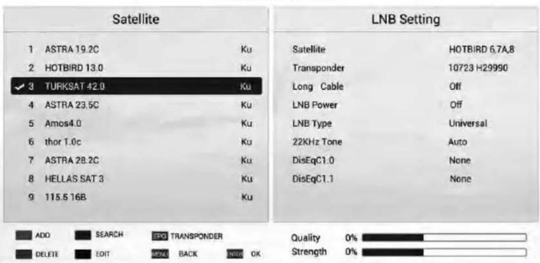 Satellite 1 ASTRA 19.2C Ku 2 HOTBIRD 13.0 Ku ✓ 3 TURKSAT 42.0 Ku 4 ASTRA 23.5C Ku 5 Amos4.0 Ku 6 thor 1.0c Ku 7 ASTRA 28.2C Ku 8 HELLAS SAT 3 Ku 9 115.5 16B Ku LNB Setting Satellite HOTBIRD 6.7A,8 Transponder 10723 H29990 Long Cable Off LNB Power Off LNB Type Universal 22KHz Tone Auto DisEqC1.0 None DisEqC1.1 None ADD SEARCH EKG TRANSPONDER DELETE EDIT MPM BACK NIE OK Quality 0% Strength 0%