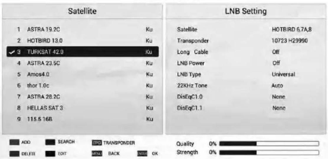 Satellite 1 ASTRA 19.2C Ku 2 HOTBIRD 13.0 Ku ✓ 3 TURKSAT 42.0 Ku 4 ASTRA 23.5C Ku 5 Amos4.0 Ku 6 thor 1.0c Ku 7 ASTRA 28.2C Ku 8 HELLAS SAT 3 Ku 9 115.5 16B Ku LNB Setting Satellite HOTBIRD 6,7A,8 Transponder 10723 H29990 Long Cable Off LNB Power Off LNB Type Universal 22KHz Tone Auto DisEqC1.0 None DisEqC1.1 None ADD SEARCH EPG TRANSPONDER DELETE EDIT MENU BACK SWIP OK Quality 0% Strength 0%