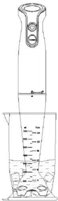 Technical diagram of a blender with labeled parts and volume markings in milliliters