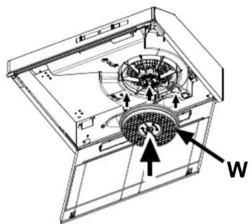Technical diagram of an air fan or compressor assembly with labeled components and directional arrows indicating airflow or movement.