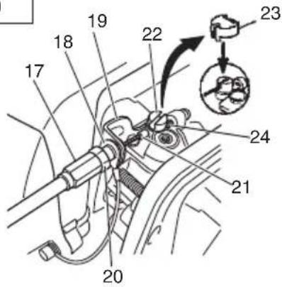 Technical diagram of a mechanical assembly with numbered components and an inset showing a component labeled 23.