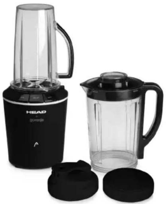 Black and white photo of a blender with a black plastic lid, a clear glass blender, and a black lid (no visible text or symbols)