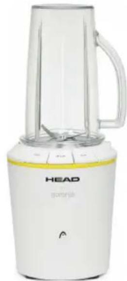 White blender with clear glass and handle, labeled 'HEAD' and 'gatoria' (no additional text or symbols visible)