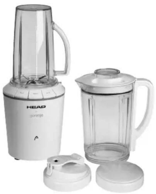 Product photo of a modern blender with a plastic cup and side lid (no visible text or symbols)