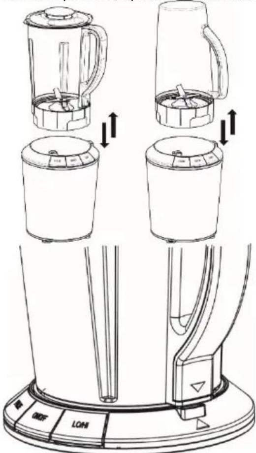 Diagram showing the step-by-step installation of a blender with labeled buttons for OFF, LOHI, and directional arrows indicating process flow.