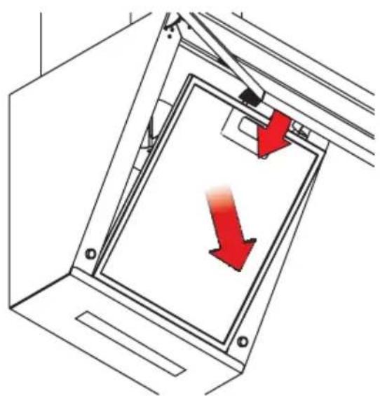 Diagram of a door frame with red directional arrows indicating movement or force (no text or symbols)
