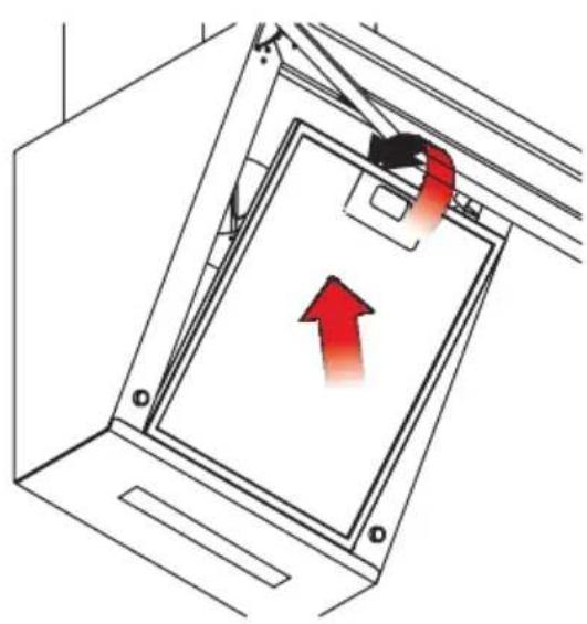 Diagram of a device interior with a red upward arrow indicating motion or force, no text or symbols present