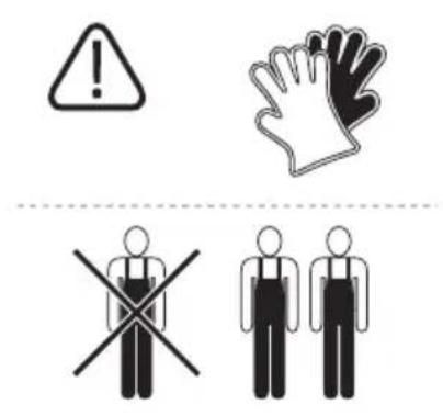 Warning symbols and pictograms showing hazard, hand gesture, and two human figures with crossbones
