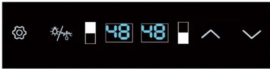 Digital display icons including gear, sun/photoc, and numeric display showing 48 and 48 with downward arrow symbol