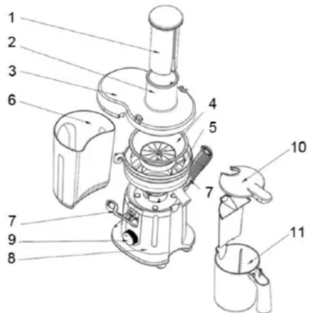 Technical diagram of a blender with numbered parts for identification.