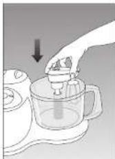 Illustration of a hand pouring liquid into a glass pitcher using a stand mixer (no text or symbols)