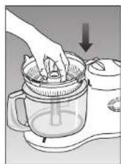 Illustration of a hand pouring liquid into a glass bowl with a lid, showing a downward arrow (no text or symbols)