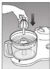 Illustration of a hand using a micrometer to clean a kitchen mixer (no text or symbols visible)
