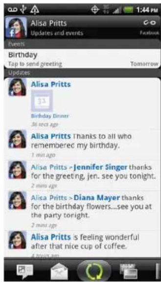 Alisa Pritts Updates and events 1:44 PM Events Birthday Tap to send greeting Tomorrow Updates Alisa Pritts 31 Birthday Dinner 36 secs ago Alisa Pritts Thanks to all who remembered my birthday. 1 min ago Alisa Pritts > Jennifer Singer thanks for the greeting, jen. see you tonight. 2 mins ago Alisa Pritts > Diana Mayer thanks for the birthday flowers...see you at the party tonight. 2 mins ago Alisa Pritts is feeling wonderful after that nice cup of coffee.