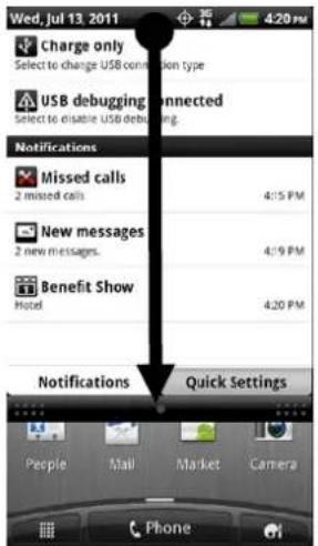 Wed, Jul 13, 2011 Charge only Select to change USB connection type USB debugging connected Select to disable USB debugging. Notifications Missed calls 2 missed calls 4:15 PM New messages 2 new messages. 4:19 PM Benefit Show Hotel 4:20 PM Notifications Quick Settings People Mali Market Camera Phone