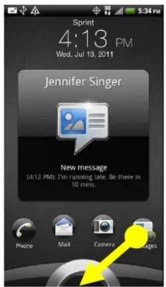Sprint 4:13 PM Wed, Jul 13, 2011 Jennifer Singer New message (4:12 PM): I'm running late. Be there in 10 mins. Phone Mail Camera Messages