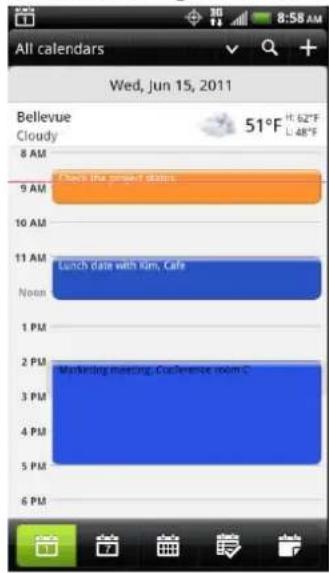 All calendars Wed, Jun 15, 2011 Bellevue Cloudy 8 AM 9 AM 10 AM 11 AM Noon 1 PM 2 PM 3 PM 4 PM 5 PM 6 PM 51°F H: 62°F L: 48°F Check the project class. Lunch date with Kim, Cafe Marketing meeting, Conference room C.